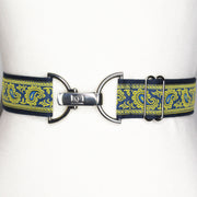 Yellow paisley belt with 1.5" silver clip clasp by KF Clothing